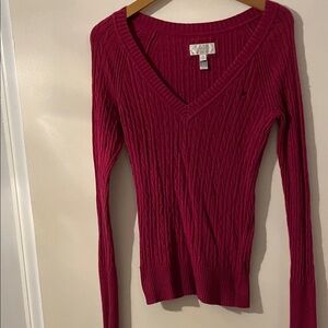 American Eagle Women's Cable V-Neck Sweater in Deep Berry